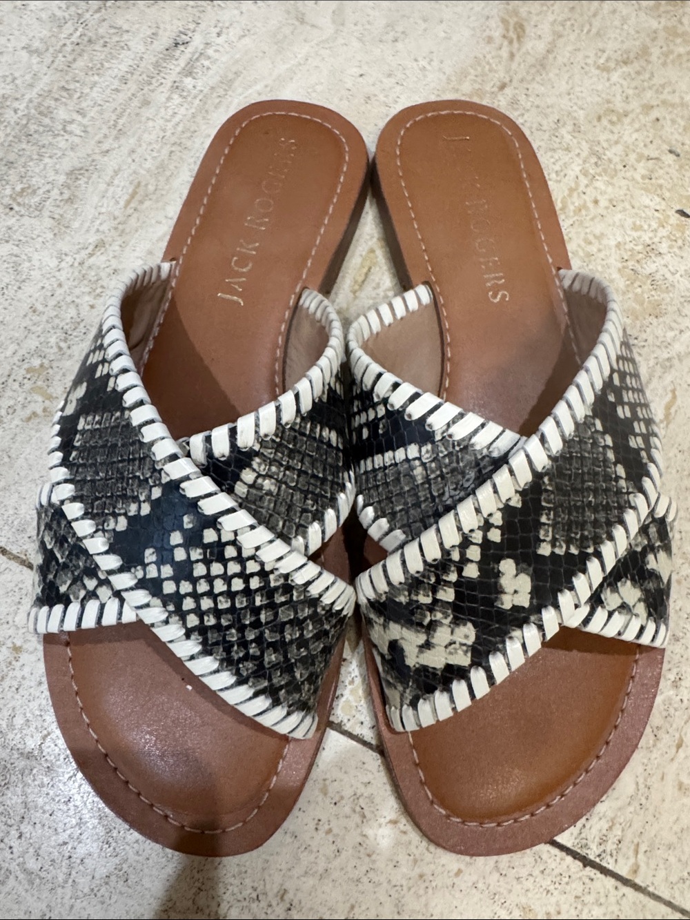 Jack Rogers Black and White Snake-Print Slide Sandals